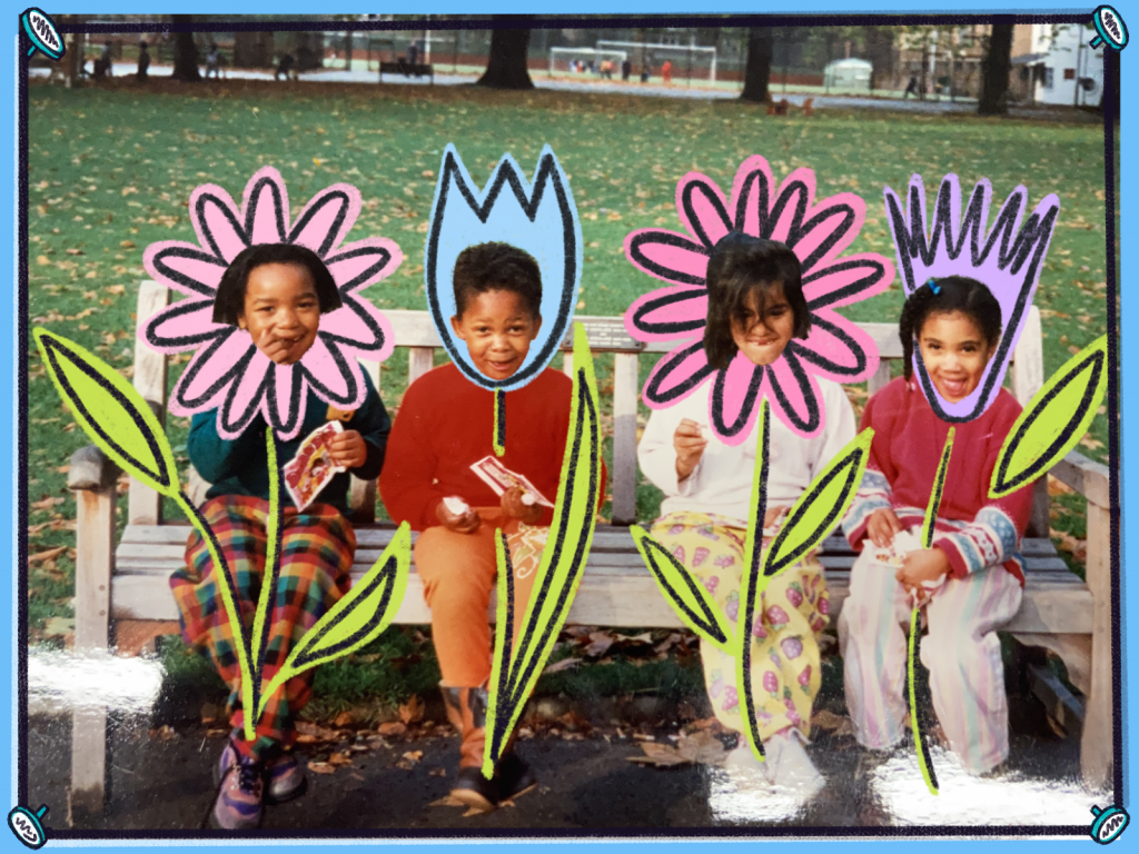 An illustrated image of four young children sitting on a park bench, with flowers that have been illustrated around their heads