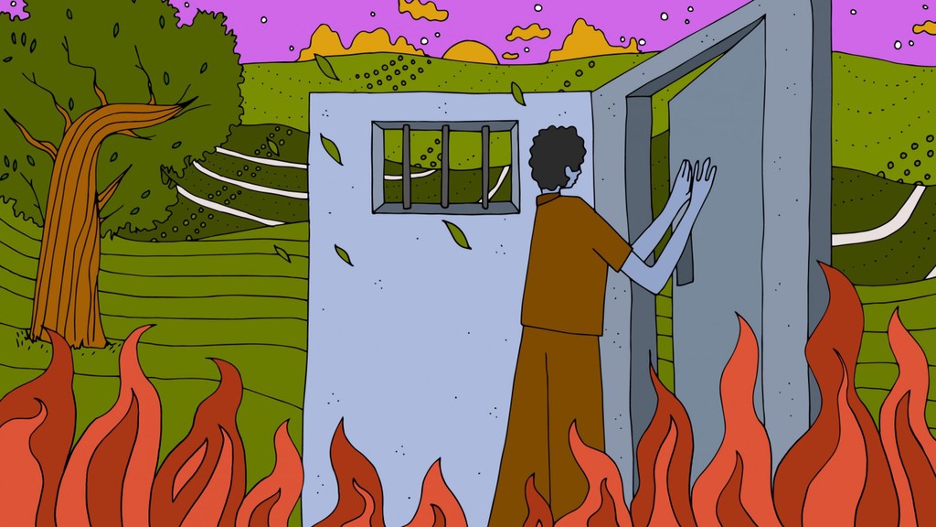 A stylised illustration of a prisoner in brown uniform with flames licking at his feet. He is pushing open a metal door that leads to a background of green, verdant fields.
