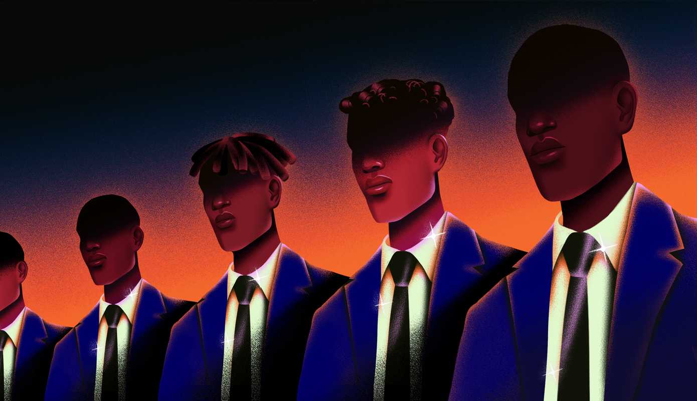 Image of five black men in a line, all wearing white shirts, black ties and blue suit jackets.