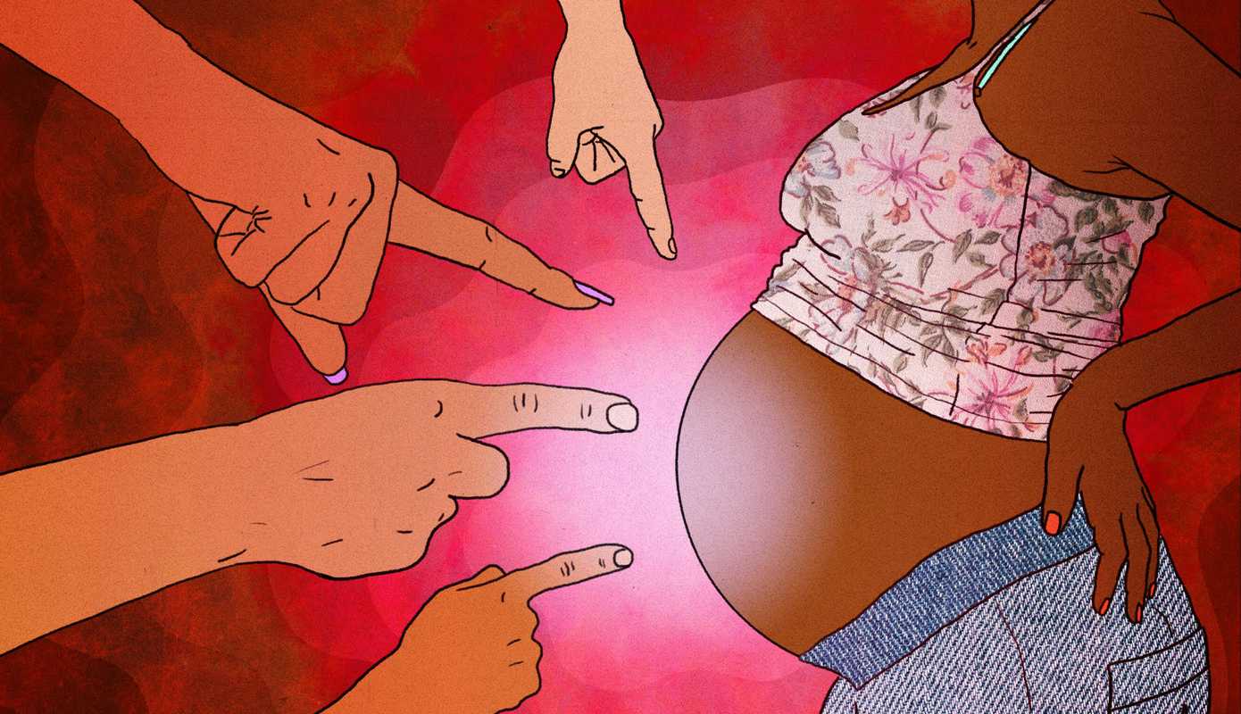 Illustration showing hands pointing in an accusing way at the pregnant belly of a Black woman