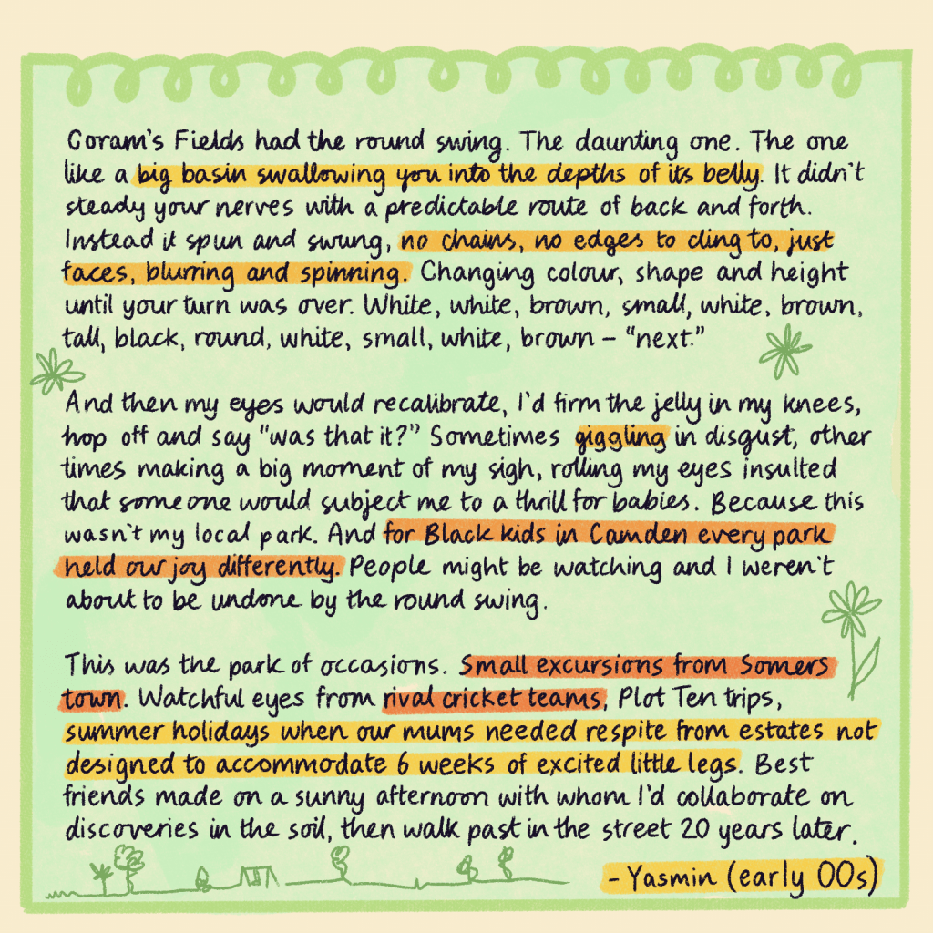 Text reads: Coram’s Fields had the round swing. The daunting one. The one like a big basin swallowing you into the depths of its belly. It didn’t steady your nerves with a predictable route of back and forth. Instead it spun and swung, no chains, no edges to cling to, just faces, blurring and spinning. Changing colour, shape and height until your turn was over. White, white, brown, small, white, brown, tall, black, round, white, small, white, brown – “next.” And then my eyes would recalibrate, I’d firm the jelly in my knees, hop off and say “was that it?” Sometimes giggling in disgust, other times making a big moment of my sigh, rolling my eyes insulted that someone would subject me to a thrill for babies. Because this wasn’t my local park. And for Black kids in Camden every park held our joy differently. People might be watching and I weren’t about to be undone by the round swing. This was the park of occasions. Small excursions from Somers town. Watchful eyes from rival cricket teams, Plot Ten trips, summer holidays when our mums needed respite from estates not designed to accommodate 6 weeks of excited little legs. Best friends made on a sunny afternoon with whom I’d collaborate on discoveries in the soil, then walk past in the street 20 years later. Yasmin, early to mid 00s